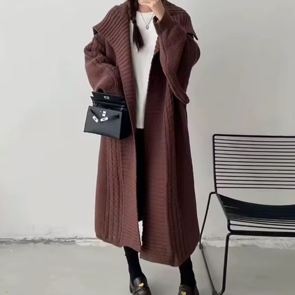 171.  OVERSIZED MAXI Brown Cardigan Chunky Long Cable tweed Fuzz sweater - Picture 2 of 5